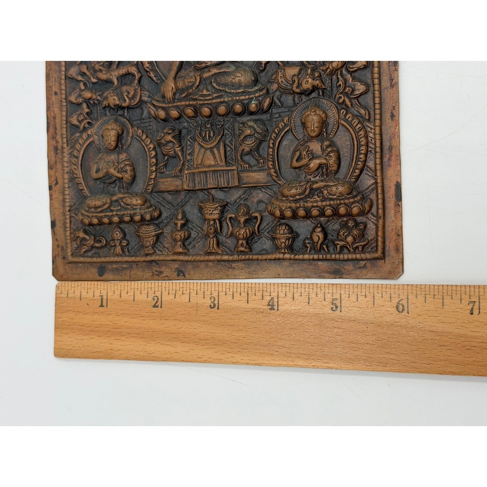 Vintage Carved Wood Buddha Statue & Embossed Metal Wall Plaque Buddhist Decor - Picture 5 of 15
